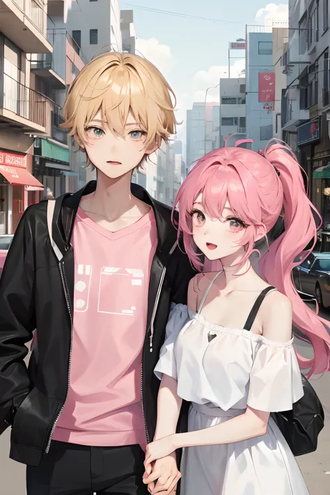 Anime style，Card ventilation，couple，Pink，The boy puts his arm around the girl，white backgrounid