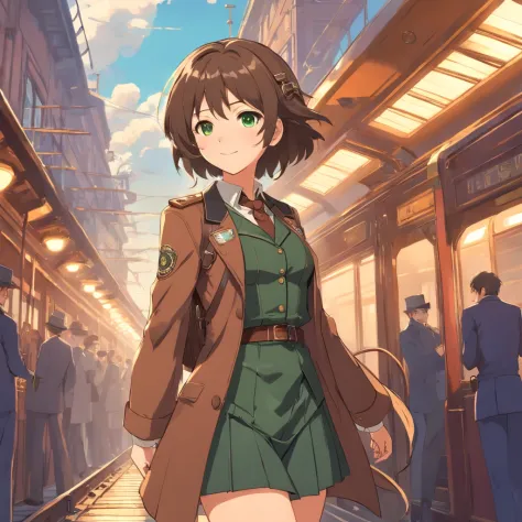 Facing the Reader, Camera at Chest Height, Investigative Journalist Attire with Brown Outfit and Patches, Revolver Holstered on Waist, Smiling Expression, Green Eyes, Dark Brown Shoulder-Length Hair, Victorian Era Steampunk Setting with Victorian Street, P...
