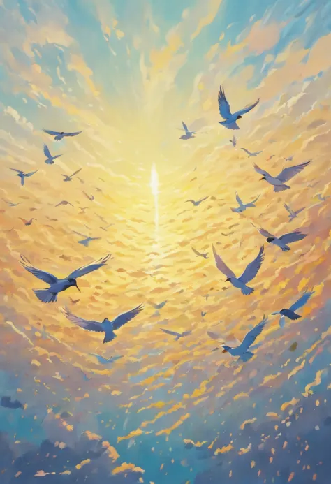 a flock of birds in the sky, beautiful feathers, elegant flight, graceful movements, vibrant colors, natural habitat, clear blue sky, sunlight shining through the wings, birds soaring through the clouds, agile and swift, birds in harmony with nature, peace...