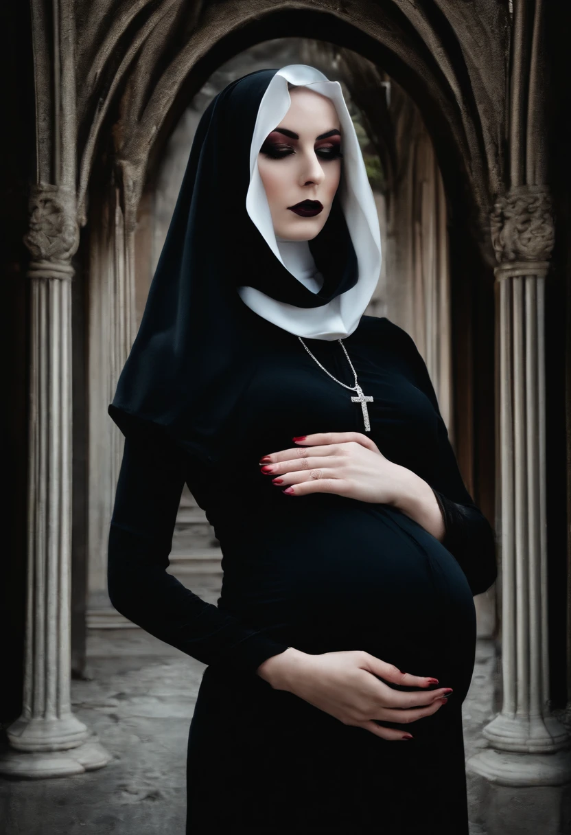 A pregnant woman dressed in nun costume standing in a hallway - SeaArt AI