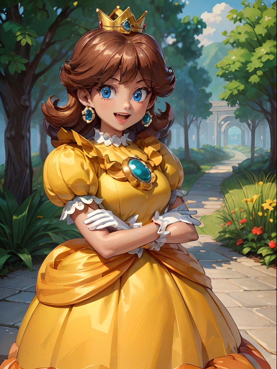 ((high detailed, best quality, 4k, masterpiece, hd:1.3)), dsy, blue eyes, yellow dress, brooch, puffy sleeves, short sleeves, smile, open mouth, energetic, joyful, smooth skin, gloves, earrings, crown, dark tan skin, upper body, close-up, outside, crossed arms