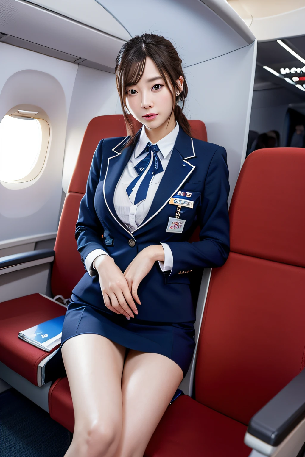 top-quality, ​masterpiece, 8K, 超A high resolution, (Photorealsitic:1.4), 1girl in、beautiful expression、symmetrical eye、shorth hair、Colossal 、Perfect body proportion、Stewardess uniform、The stewardess has、Look at viewers、(Inside the plane:1.2)、front-facing view、Shoulder、Absolute area(1.3)、Looks fun、NSFW、