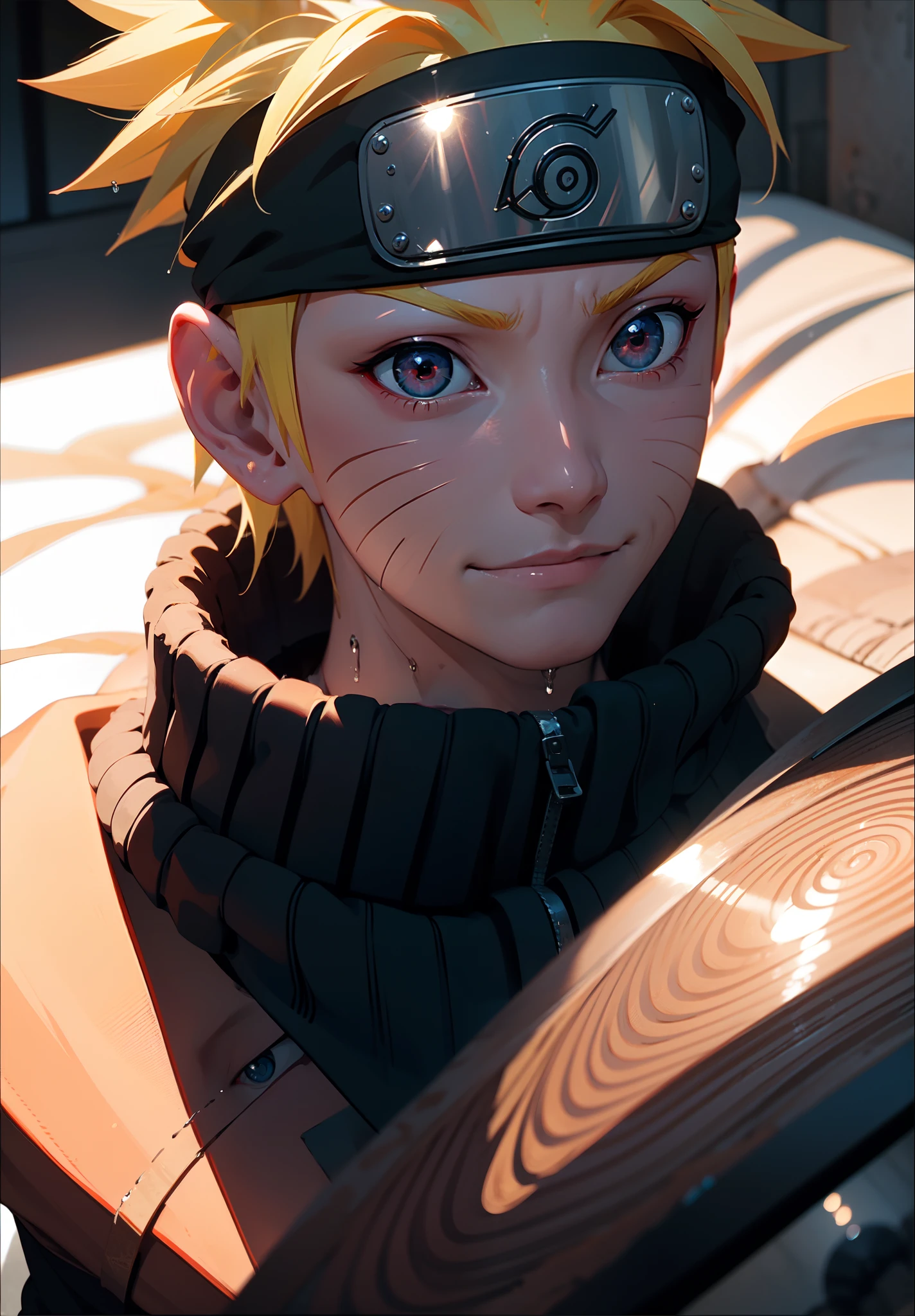 uzumaki naruto, 1boy, Male Focus, masutepiece, Best Quality, (Portrait, close-up), Looking at the viewer, shadow and light, Blurred foreground, konohagakure symbol, Indoors, water dripping, Red Eyes, black sclera, on the bed, Cold bloodthirsty smile,