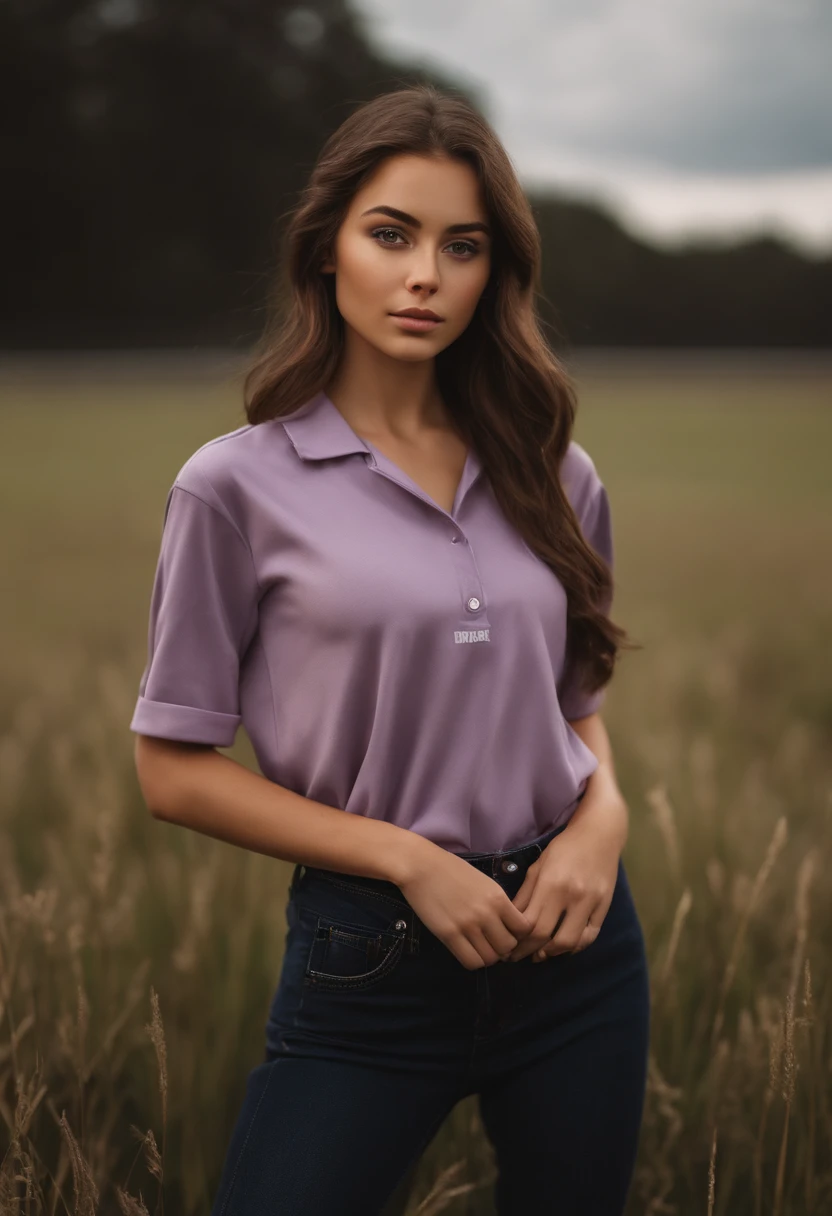 A woman standing in a field of tall grass wearing a purple shirt - SeaArt AI