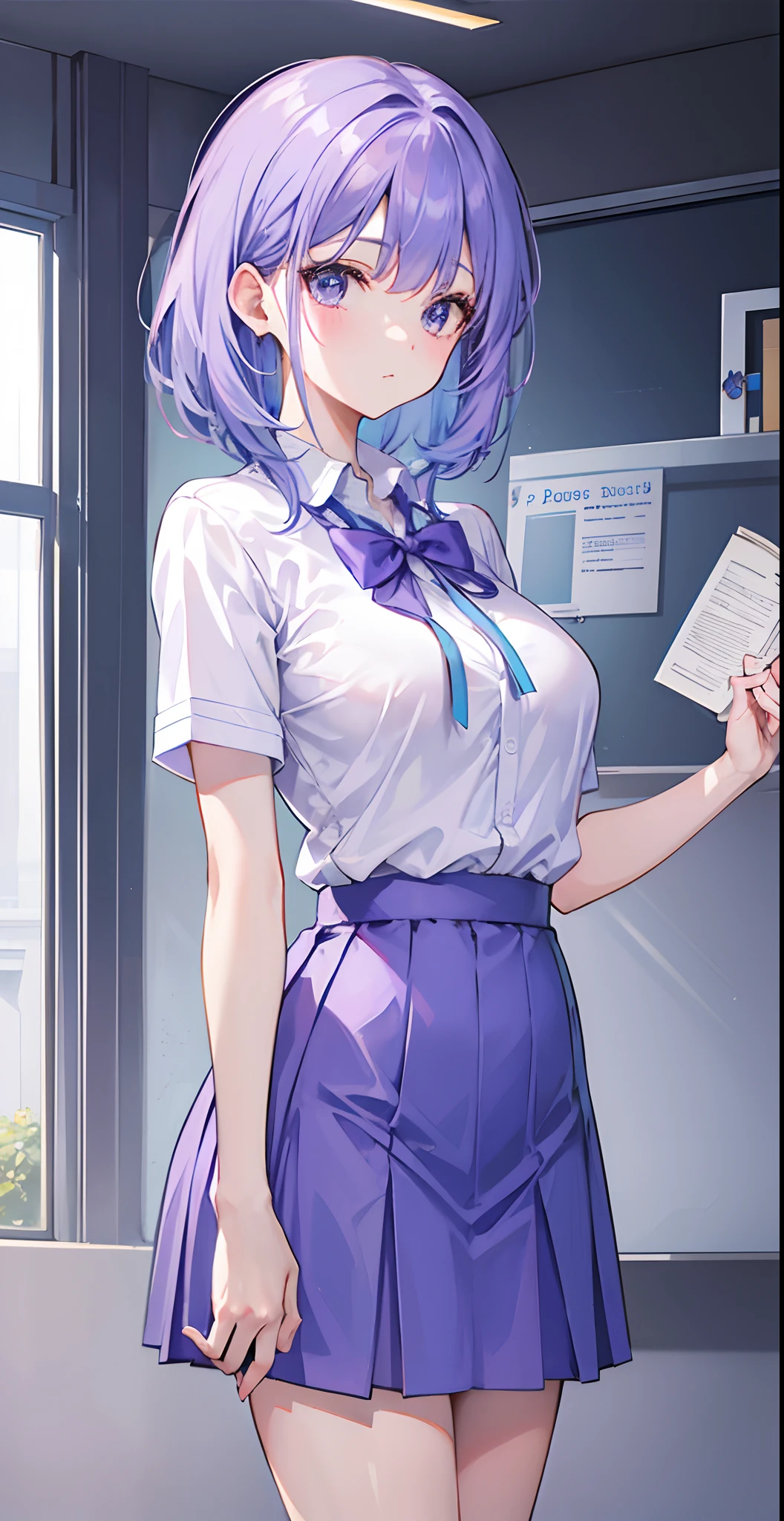 Anime girl in a school uniform holding a piece of paper - SeaArt AI