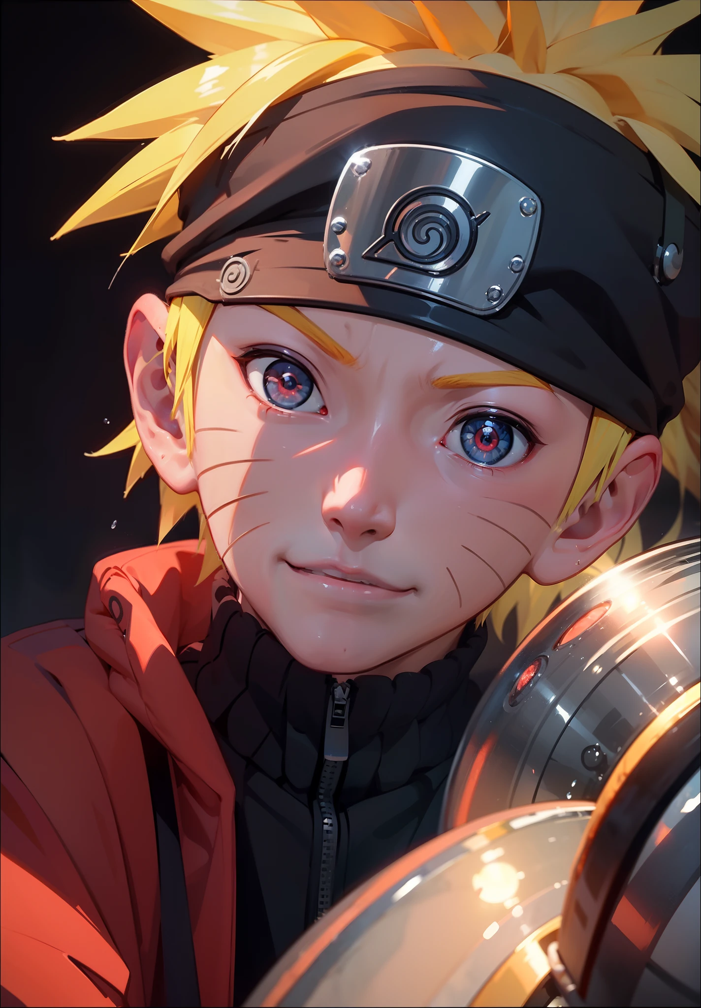 uzumaki naruto, 1boy, Male Focus, masutepiece, Best Quality, (Portrait, close-up), Looking at the viewer, shadow and light, Blurred foreground, konohagakure symbol, Indoors, water dripping, Red Eyes, black sclera, on the bed, Cold bloodthirsty smile,