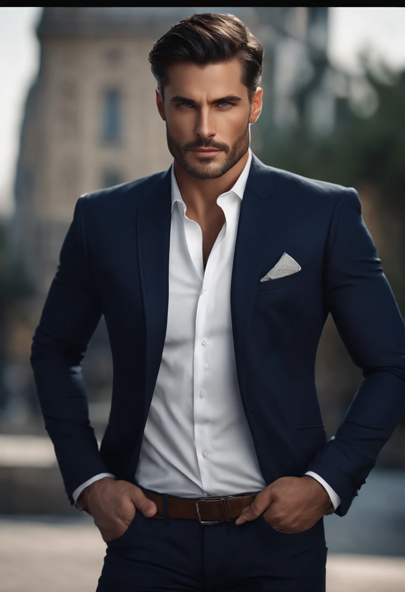 Hombre profesional con ropa elegante), (Sin barba,) (ojos azules) (retrato)  Apariencia hermosa y seria, pelo azul oscuro, elegante y elegante - SeaArt  AI