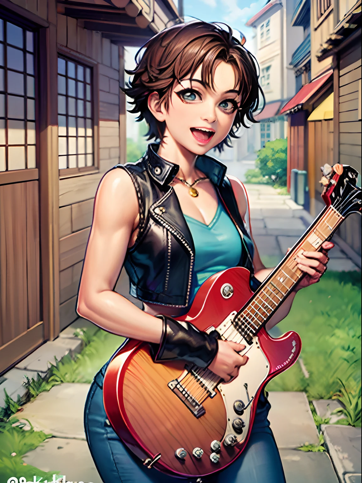 a drawing of a woman with a guitar and a camera, hirohiko araki artwork, a human bard, hirohiko araki style, hirohiko araki art, tekkonkinkreet, inspired by Eiichiro Oda, eiichiro oda style, hippie, tekkon kinkreet, concept art of single boy, inspired in hirohiko araki, country, leather vest, blue, bell bottom jeans that hug their feminine curves, happily singing