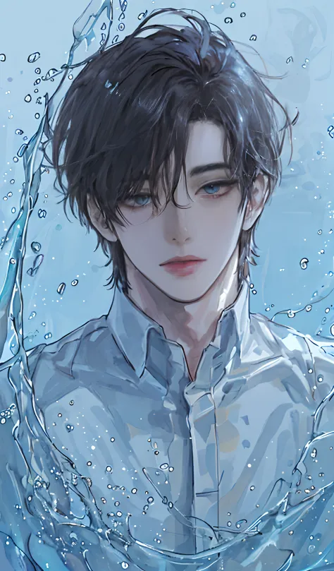 The face is delicate and delicate，Top image quality，Handsome and handsome，Incorporate light and shadow effects，Hairstyle is shiny，The background and splash are darker