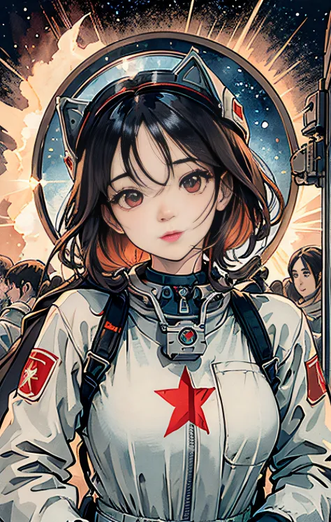 1Girl,flat_pectorals,Cute,Beautiful detailed eyes,shiny hair,You can see it through the hair.,Hair between eyes, CCCPposter, sovietposter,Red monochrome,USSR Poster, soviet,communism,
black_heads,red_eyes,Vampire,teenage,Middle breast,space suit:orange_Clo...