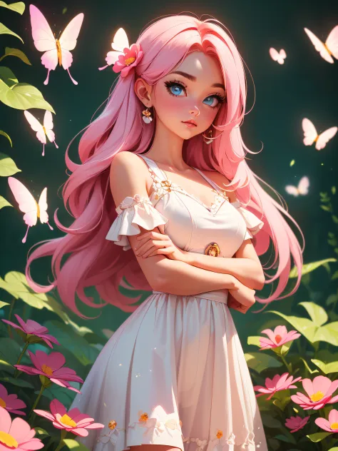 ((a close body portrait of a cute beautiful girl)), ((enjoying her time at the colorful flower garden)), ((she wears a long whit...