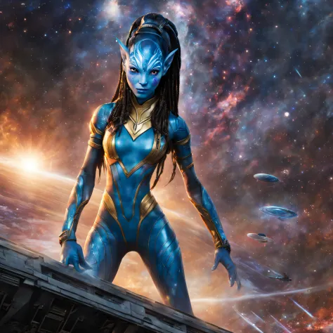 hembra alienigena extraterrestre (mezcla de nebula de marvel comics y neytiri de avatar), ojos grandes, traje ultratecnologico, se encuentra en centro de control de estacion espacial.