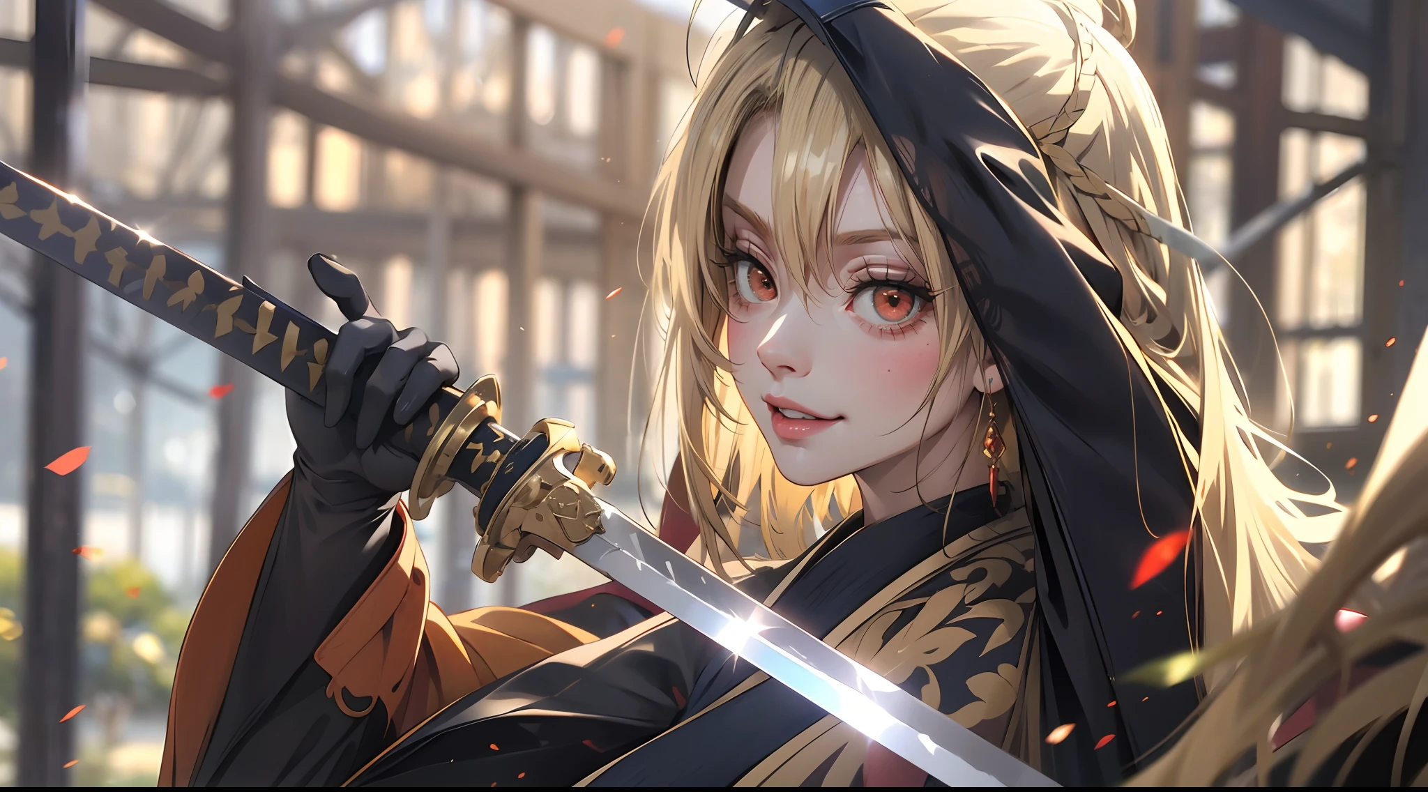 AngelicaV4, (blonde hair:1.8), sword, 1girl, solo, katana, holding, holding_sword, blurry, japanese_clothes, upper_body, gloves, wide_sleeves, depth_of_field, looking at viewer,