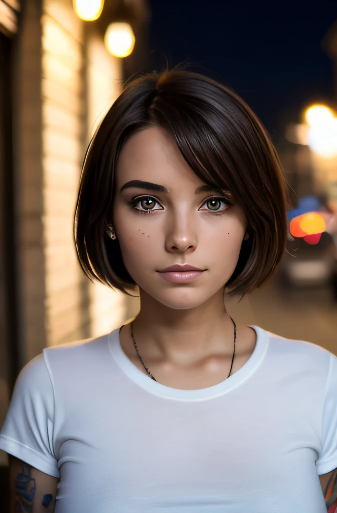 Photographie d'une fille jolie, Réaliste, brun, yeux bleus, 21ans, porte une coupe a l'iroquoise, porte un tee shirt blanc et un jean bleu ciel, buste lourd 36DD, Regardez dans la caméra, yeux symétriques, visage symétrique, photoréaliste, photographie, se trouve dans une ville de nuit, éclairage spéculaire, Lumière faciale volumétrique, tatouage larme au coin de l'oeil droit, Taupe sur la joue gauche