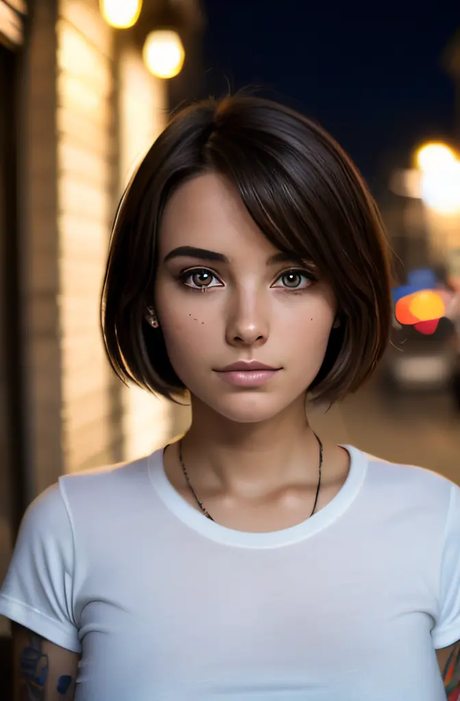 Photographie d'une fille jolie, Realstic, Brune, Yeux Bleus, 21ans, porte une coupe a l'iroquoise, porte un tee shirt blanc et u...