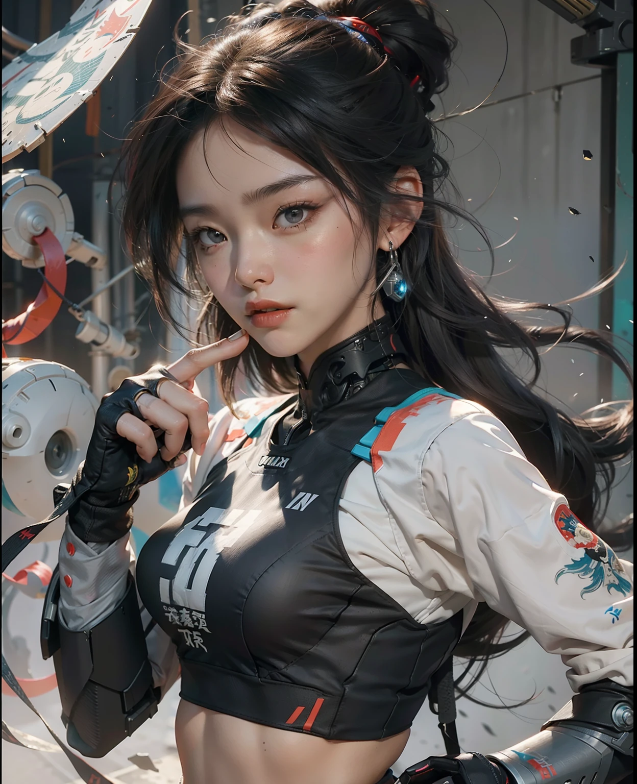 wuxia,1female,robot cyborg mech fighter,wmma, wearing sports bra fingerless gloves, martial arts,fcPortrait,(extreme detailed),illustration