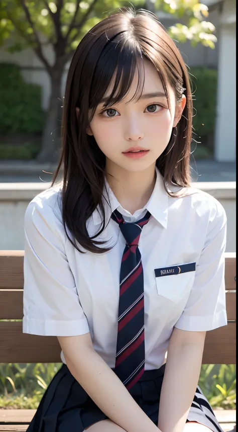 (Masterpiece, Best quality:1.2), 8K, 15year old, 85mm, offcial art, RAW photo, absurderes, White dress shirt, Pretty face, Close up, Upper body, violaceaess, gardeniass, Beautiful girl, school uniform, (Navy pleated skirt:1.1), constricted waist, Thighs, s...