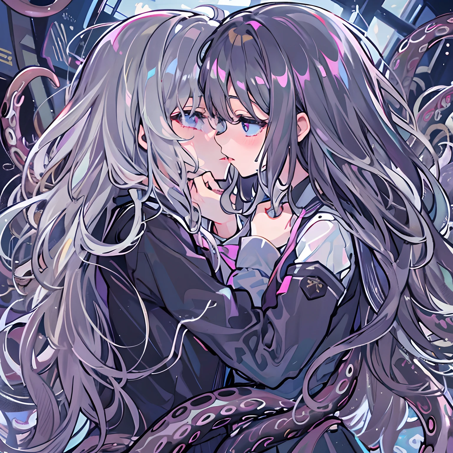 Anime girl with long hair and a black jacket kissing her face - SeaArt AI