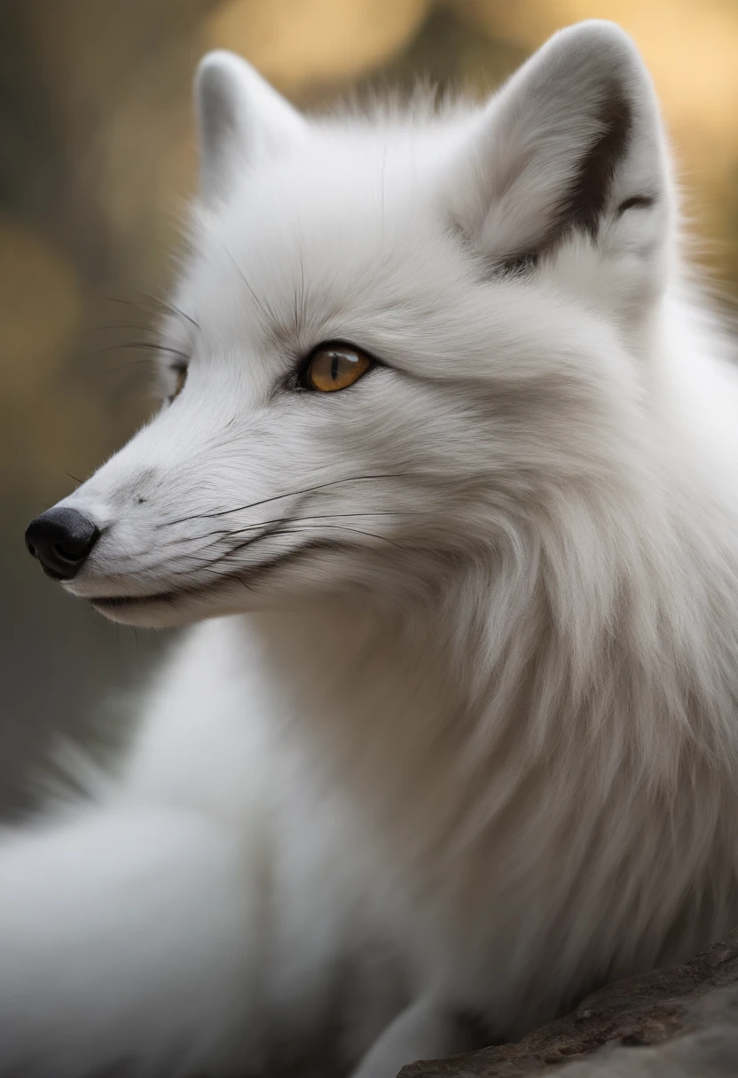 A close up of a white fox laying on a rock - SeaArt AI