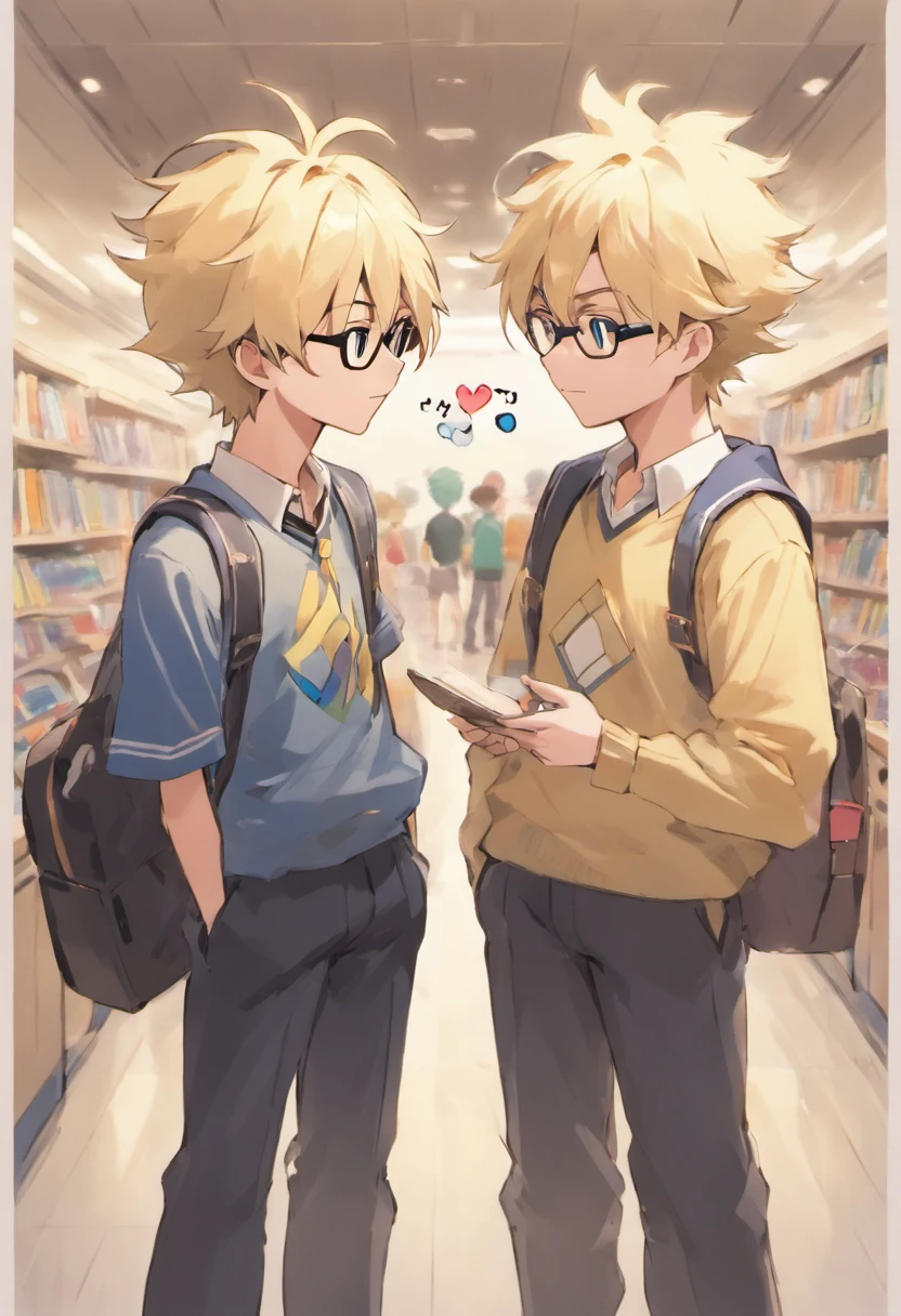 Chico y chica anime en la biblioteca con libros y mochilas. - SeaArt AI