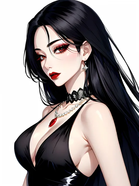 1girl in, 独奏, Jewelry, black hair, necklace, red-lips, Long hair, covered eyes, lipstick, makeup, upper-body, closed mouth, черное dress, hair above one eye, 鎖骨, Dress,black theme,bad-girl, large breasts,sparkly skin,(mature female),Chic