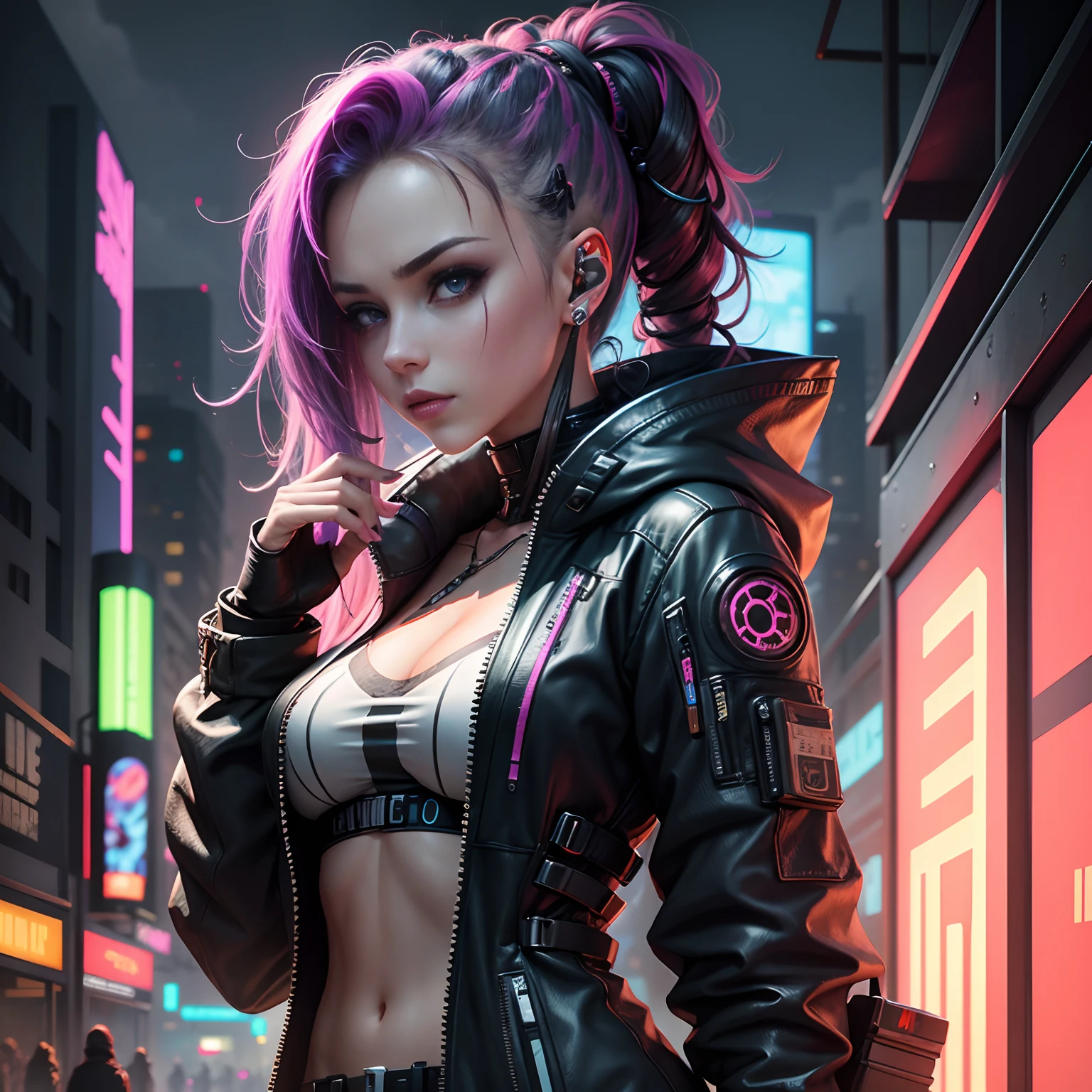 Cyber girl in a leather jacket and black pants standing in a city ...