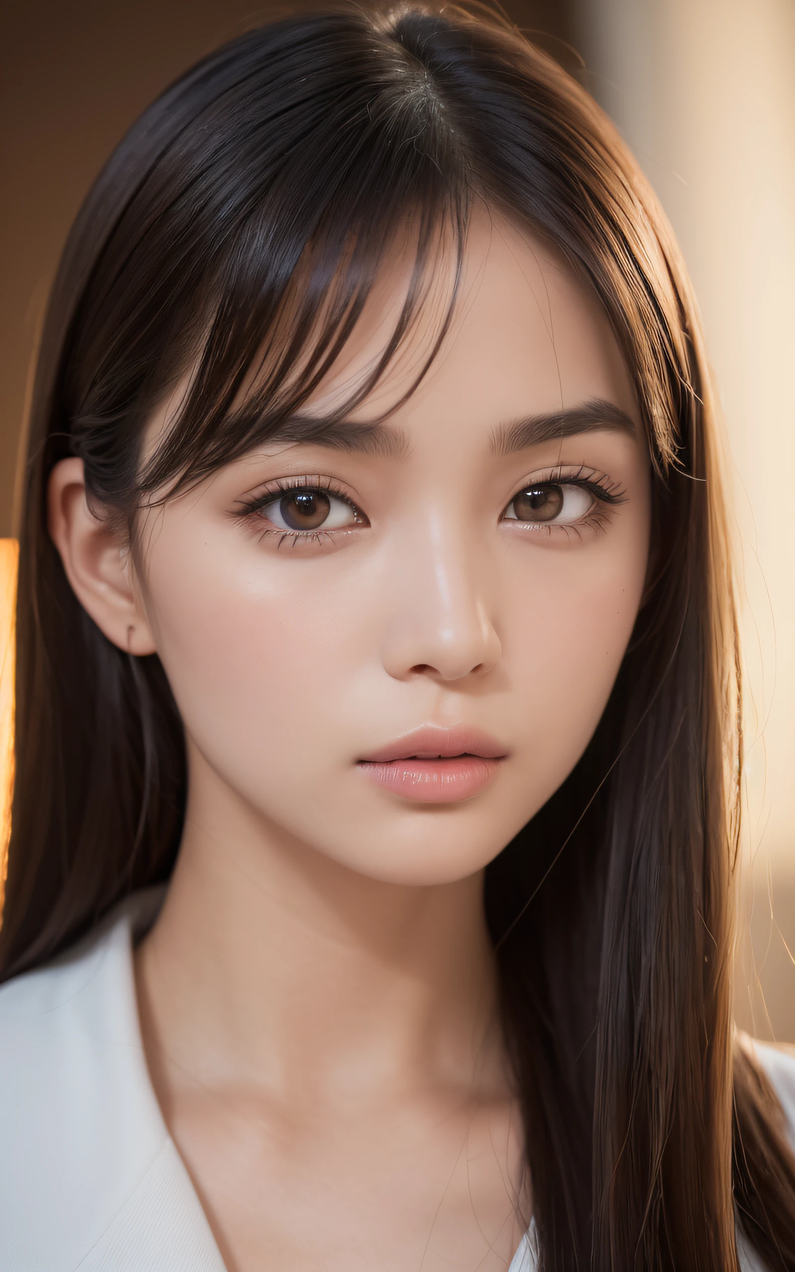 ((((8K, Photography, Raw photo, Hyper-Realism, masutepiece, Best Quality, 超A high resolution)))), (Pin Light, Back Light, Backlighting, Cinematic Light), Sharp Focus:1. 4, (Hyper Detail, Finely detailed), Face Close-up, close-up, 1girl in, Egg-shaped face with cat-like eyes, Small and plump lips, Straight and cute nose, cheekbones turn a little red, thick eyebrows and long, clean eyelashes,.