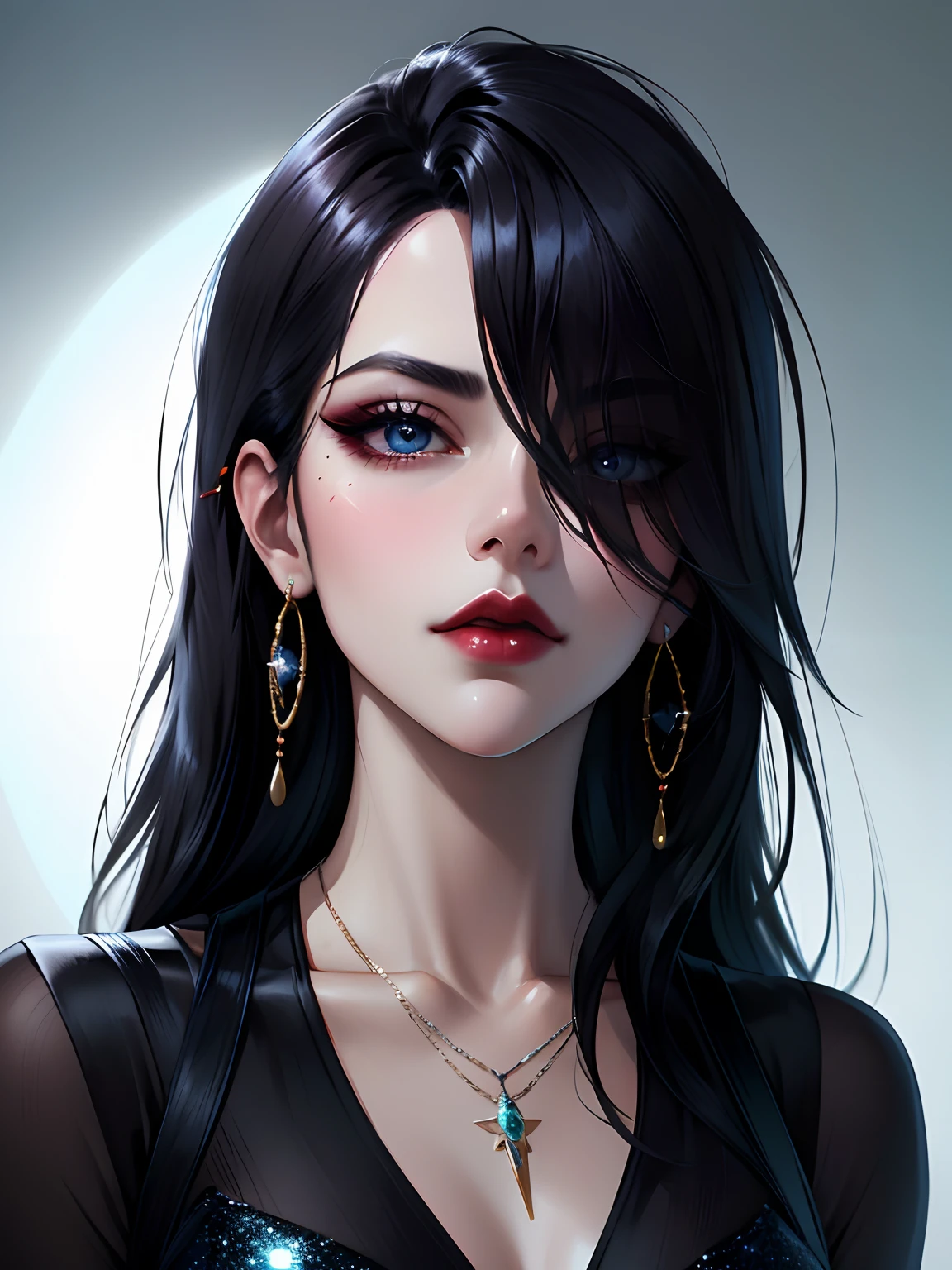 1girl in, solo, Jewelry, black hair, necklace, red-lips, Long hair, covered eyes, lipstick, makeup, upper-body, closed mouth, black dress, hair above one eye, clavicle, Dress,black theme,bad-girl, large breasts,sparkly skin,(mature female),chic, Snthwve style, nvinkpunk Close-up portrait of a face (((sks person))), Smooth soft skin, big dreamy eyes, Beautiful intricate dyed hair, Symmetrical, anime wide eyes, soft-lighting, Detailed Face, makoto sinkai, by stanley artgerm lau, WLOP, rossdraws, Concept art, Digital Painting, looking up at the camera