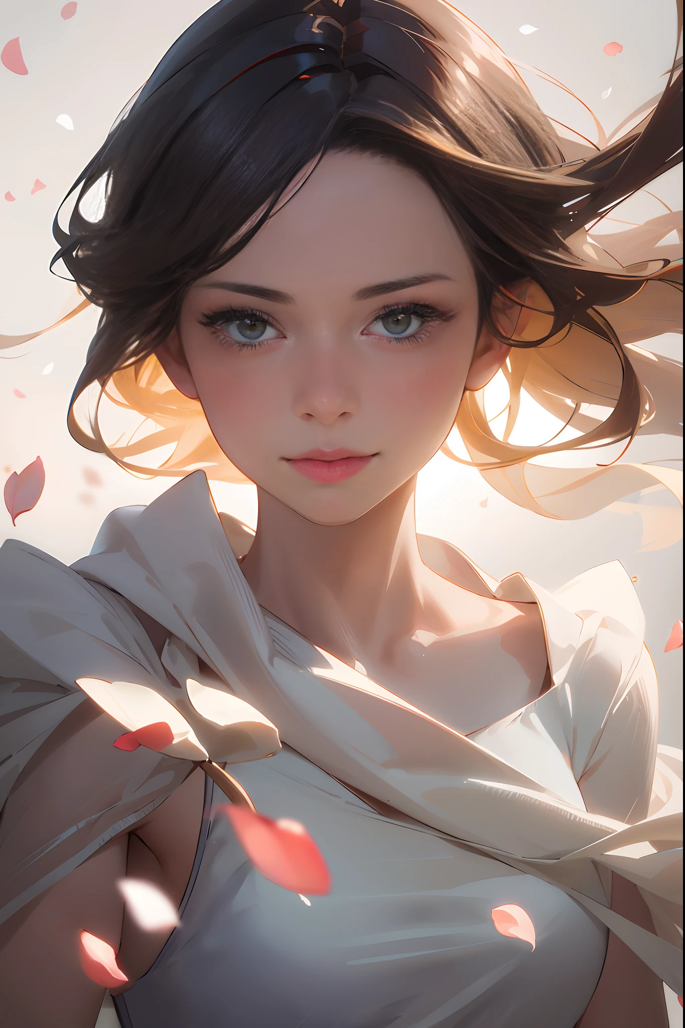 (best quality, masterpiece, ultra-realistic), 1 beautiful and delicate portrait of a girl, playful and cute, with floating petals in the background