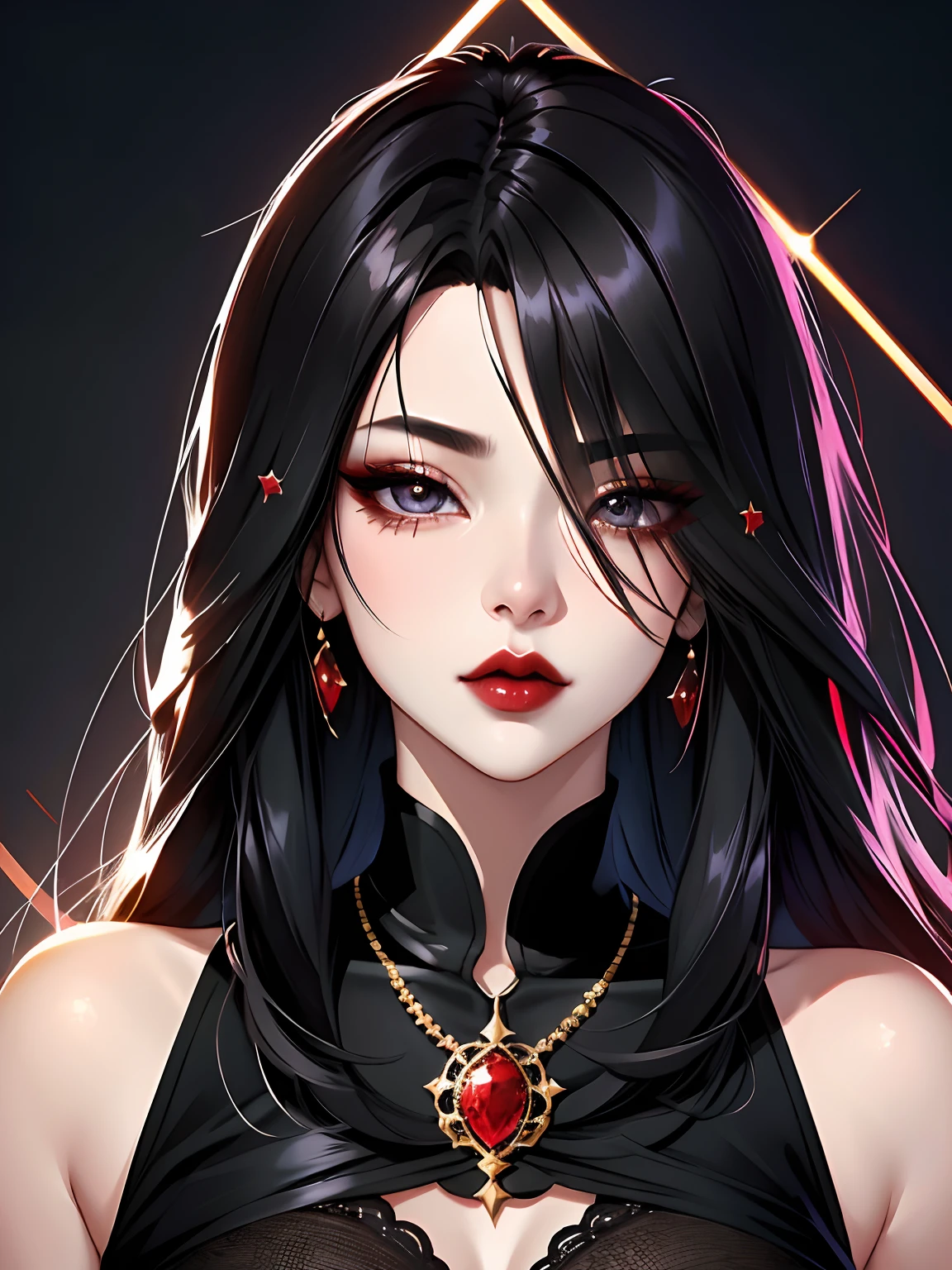 1girl in, solo, Jewelry, black hair, necklace, a gold, scarlet red lips, Long hair, covered eyes, lipstick, makeup, upper-body, closed mouth, Black Dress, hair above one eye, clavicle, Dress,black theme,bad-girl, large breasts,sparkly skin,(mature female),chic, Snthwve style, nvinkpunk Close-up portrait of a face (((sks person))), Smooth soft skin, big dreamy eyes, Beautiful intricate dyed hair, Symmetrical, anime wide eyes, soft-lighting, Detailed Face, makoto sinkai, by stanley artgerm lau, WLOP, rossdraws, Concept art, Digital Painting, looking up at the camera