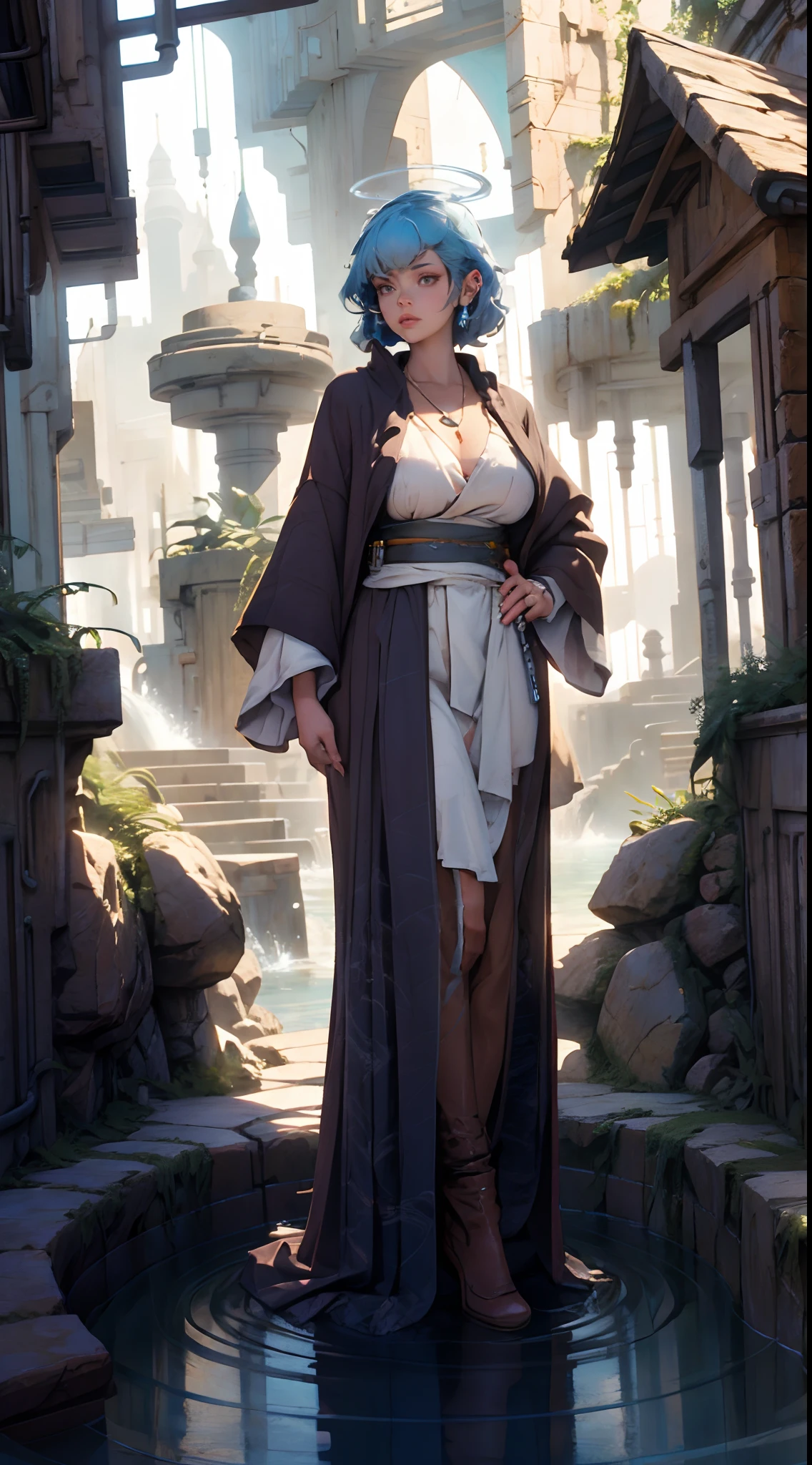 Jedi, tight robes, legs, alien, curvy, serious, (best quality)+, masterpiece+Blue hair length to the middle of the back, with a necklace and a blue and white dress, a halo of water above the head, scales visible on the body and face, nsfw