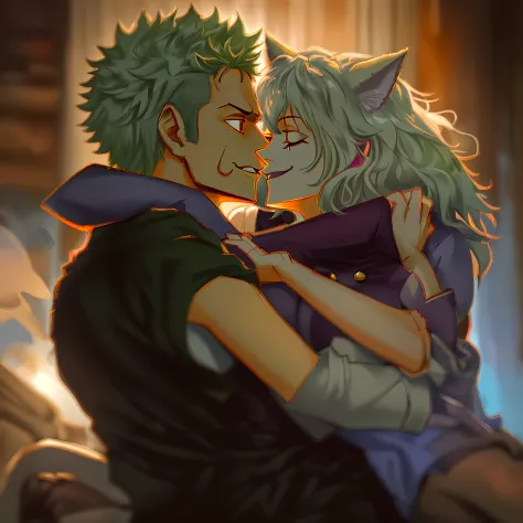 neferpitou,zoro,couple,husband and wife,love dovey couple,sitting,hug,kiss,smile,masterpiece:1.2,ultra-detailed,realistic:1.37,p...