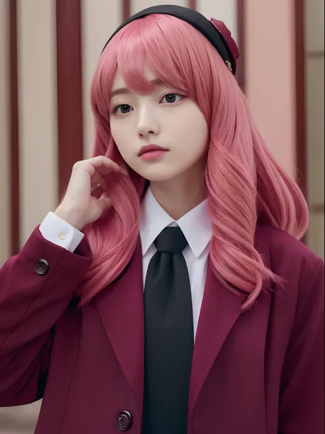 (Best Quality, masutepiece:1.2), 1 girl, Solo, pink hair,Eyes with beautiful details,(maroon jacket),The upper part of the body,Black tie,Bangs,ear