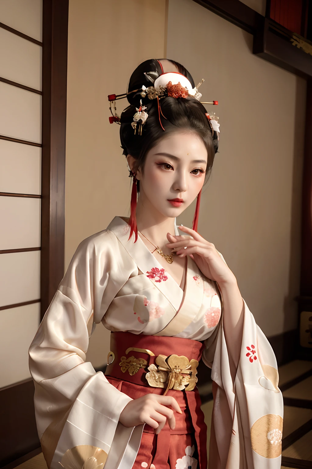 1girl, (upon body:1), (geisha hair:1.4,oiran hair ornament:1.4,single hairbun:1.4),necklace,intricate jewelry, long hair, earrings, highres, (incredibly absurdres:1.3),(extremely detailed cg unity 8k wallpaper:1.2),hair ribbon,(Beautiful face:1.2),detailed beautiful eyes, skinny body,shiny skin,Slim waist,pale skin, (Intricate and refined delicate details:1.2), toned abs,