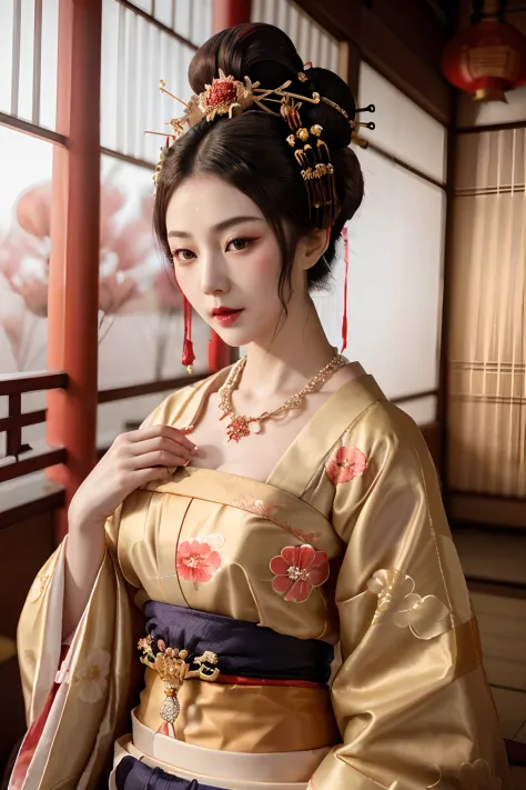 1girl, (upon body:1), (geisha hair:1.4,oiran hair ornament:1.4,single hairbun:1.4),necklace,intricate jewelry, long hair, earrin...