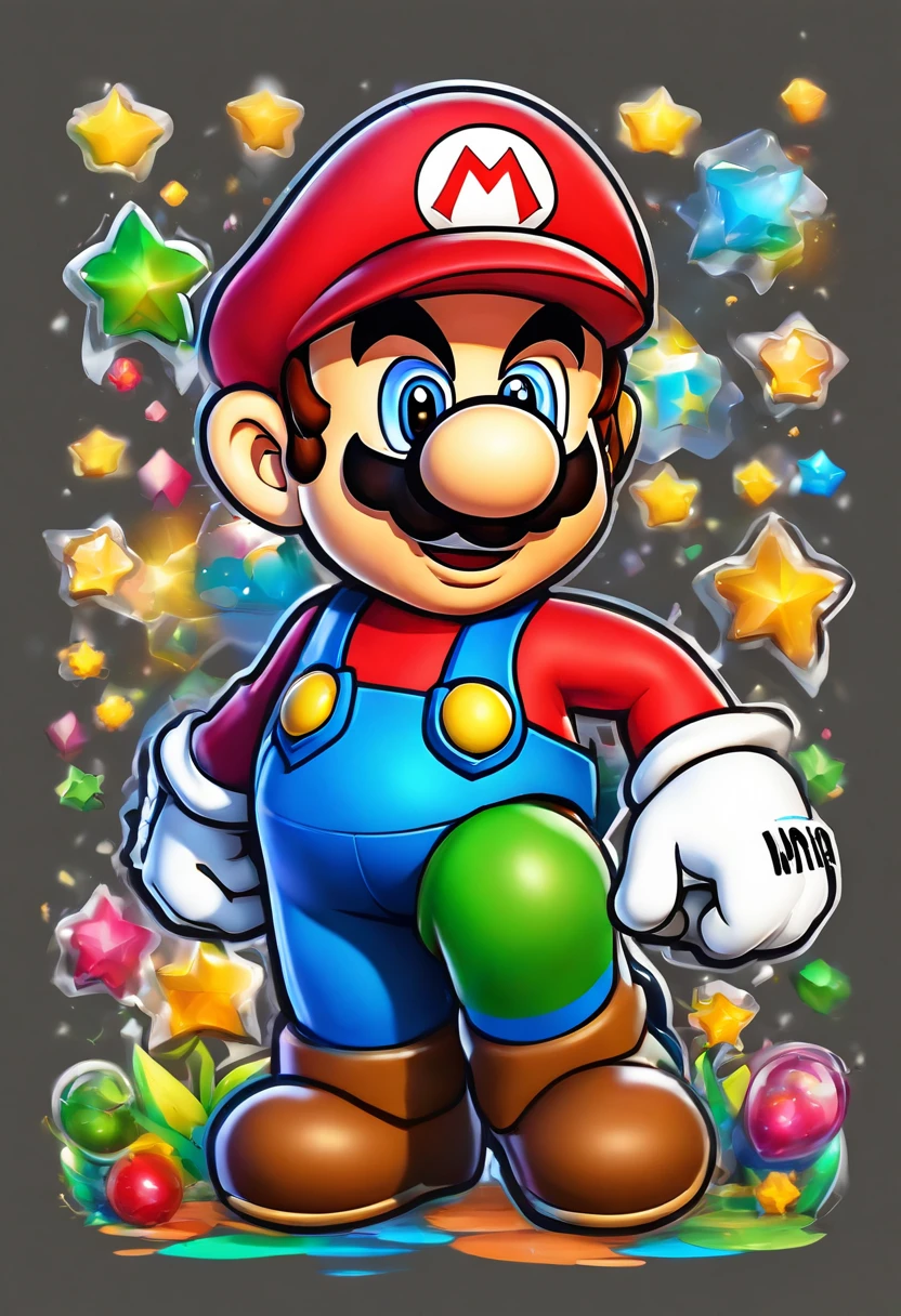 Uma imagem de desenho animado de um personagem de Mario Bros com estrelas  ao fundo - SeaArt AI