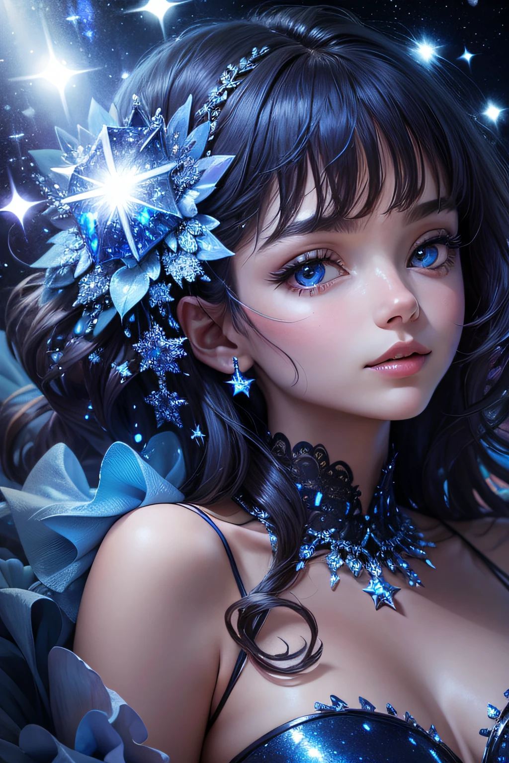 A woman with blue eyes and a blue dress with flowers in her hair - SeaArt AI