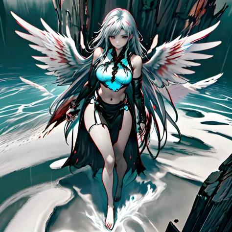Black and white and red and blue,(Best Quality, Ultra-detailed, High resolution, extremely details CG),Wide Shot,Fallen angels stand on the edge of a cliff,She is so beautiful,very beautiful gray hair、the angel's wings、up looking_Terrible、I like the sea,Bl...