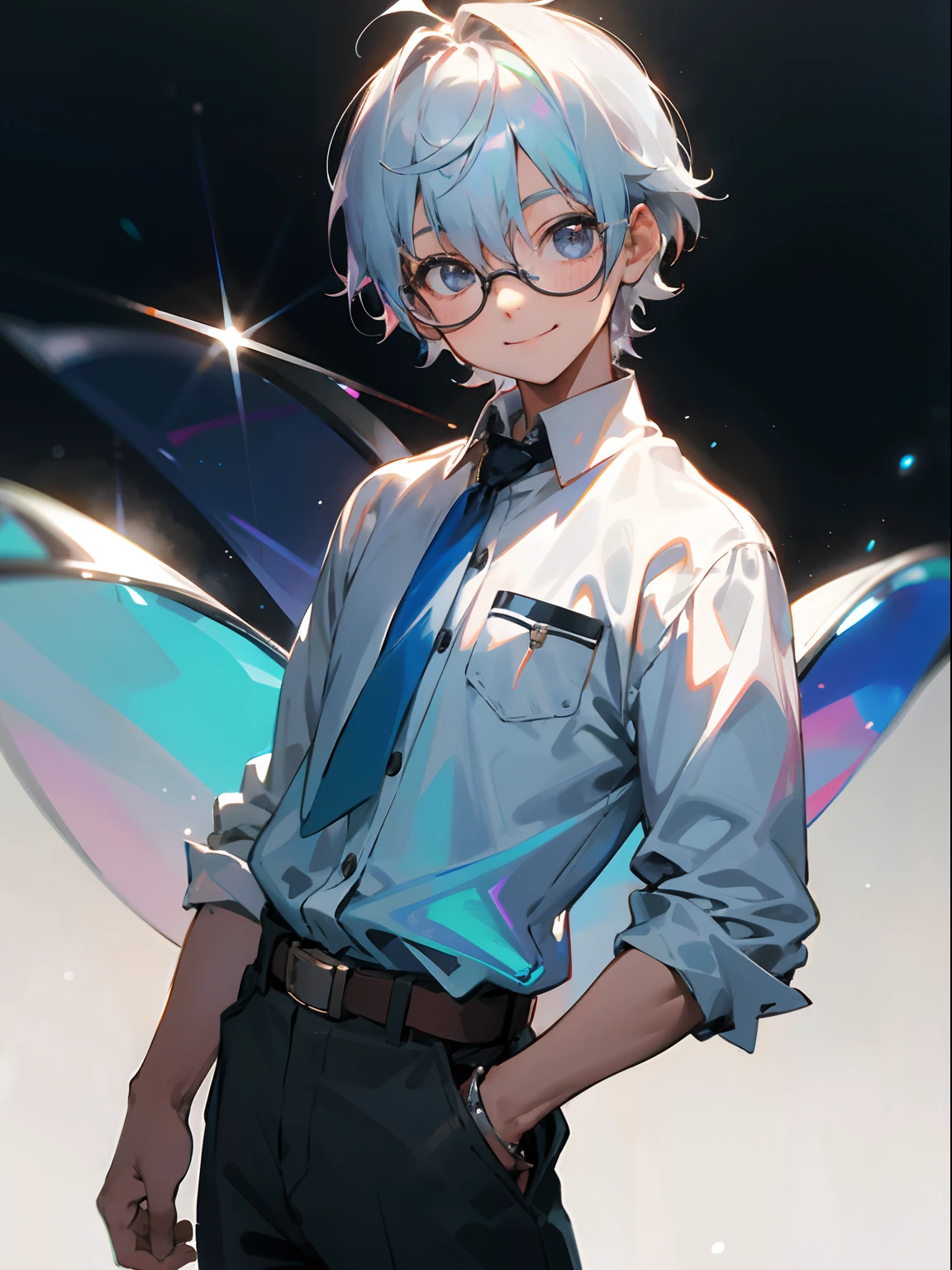 Male child, eye glasses,Cowboy Shots,A smile, silber hair，Daytime，Iridescent background，