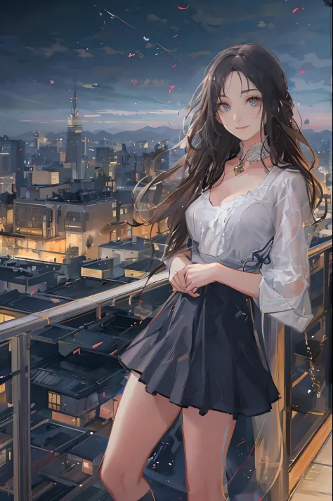 ((A beautiful and cute woman is standing on the terrace)), ((22-year-old beauty)), ((charming smile)), ((her long hair is blowing in the wind)), ((her miniskirt is It's waving in the wind)), (( You can see the cleavage of her plump bust from the blouse)), ...