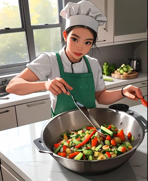 (best quality,4k,highres,masterpiece:1.2),ultra-detailed,realistic,professional,kitchen,cooking,beautiful detailed eyes, beautif...