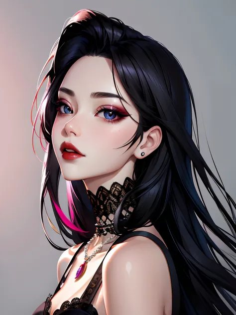 1girl in, 独奏, Jewelry, pink black hair, necklace, red-lips, Long hair, covered eyes, lipstick, makeup, upper-body, closed mouth, Black Dress, hair above one eye, 鎖骨, Dress,black theme,bad-girl, large breasts,sparkly skin,(mature female),Chic, Snthwve style...