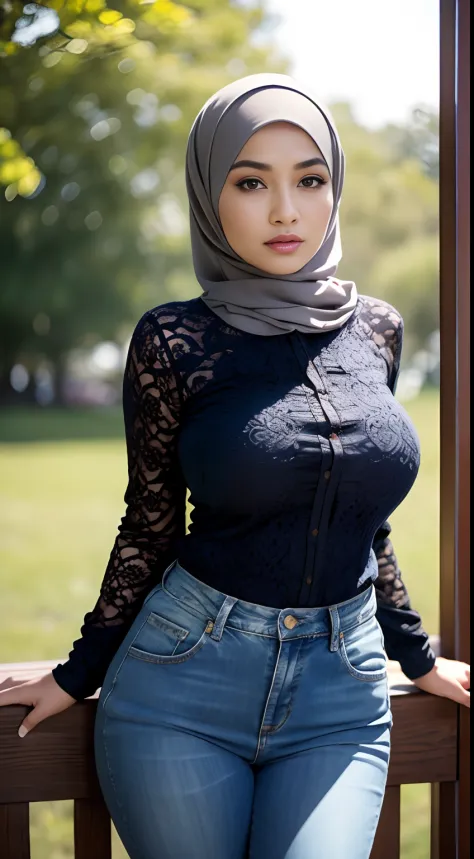 RAW, Best quality, high resolution, Masterpiece: 1.3), Beautiful Malay woman in hijab, Masterpiece, Perfect slim body, (Big breasts), Beautiful big eyes, Soft smile, Masterpiece:1.2, Best quality), Realistic, (Real picture, Intricate details, Depth of fiel...