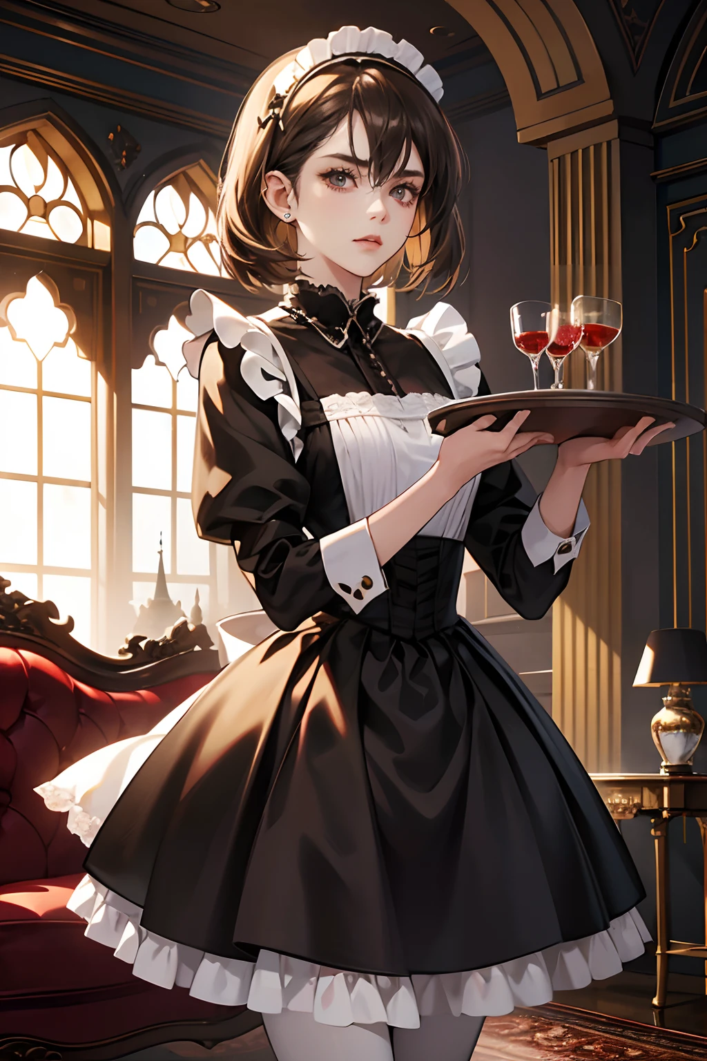 Anime maid holding a tray with a glass of wine in it - SeaArt AI