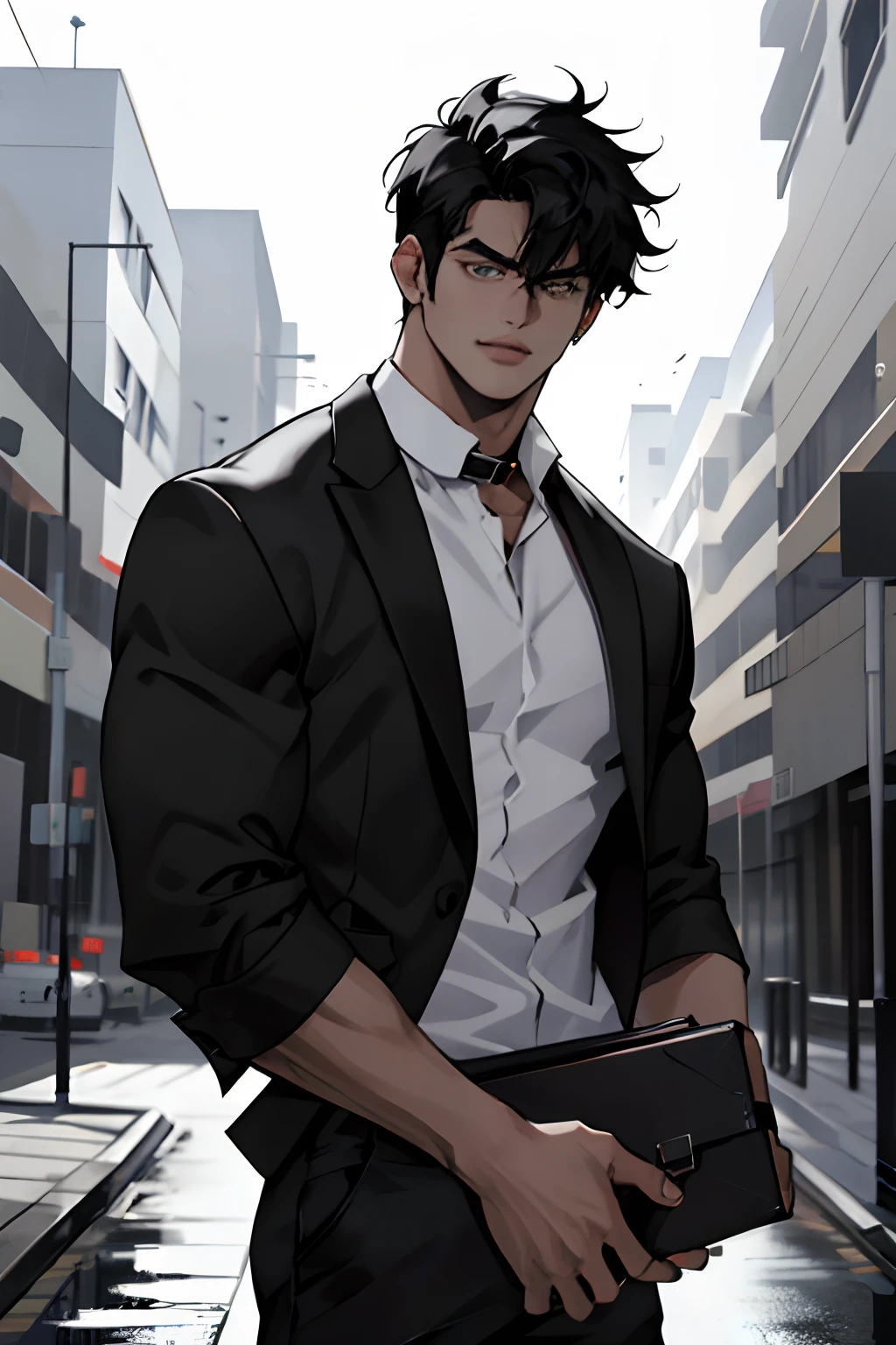 1, [detailed background (campus, university, library)], black hair, dark hair, short black hair, Korean hairstyle, Clean hairstyle, Slim and muscular man, Alpha male, masculine masculine, tall male ((Man wears a black suit, black pant, Specifications)) Holding briefcase)), Correct tips, anatomy correct, handsome, Eye details, Beautiful eyes, delicate eyes, grey eyes, wide chest, wide shoulders, tiny waist, long legs, serious face