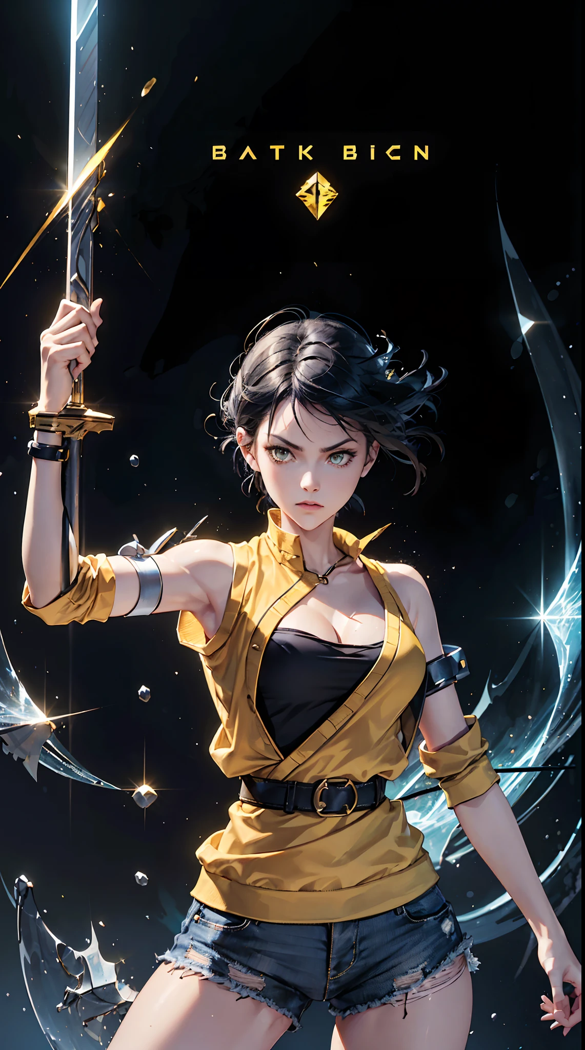 Woman, fight pose, Baddas stare,Hold a yellow sword with a yellow lightning emblem, yellow short wispy Pixie hair, yellow eyes, yellow short shirt, black hotpants jeans, black Jacket sweater ,In the middle of the shirt there is an omega symbol,HD lighting and dark )<=(epic image quality)dark atmosphere with bright particle light(many effects in background)