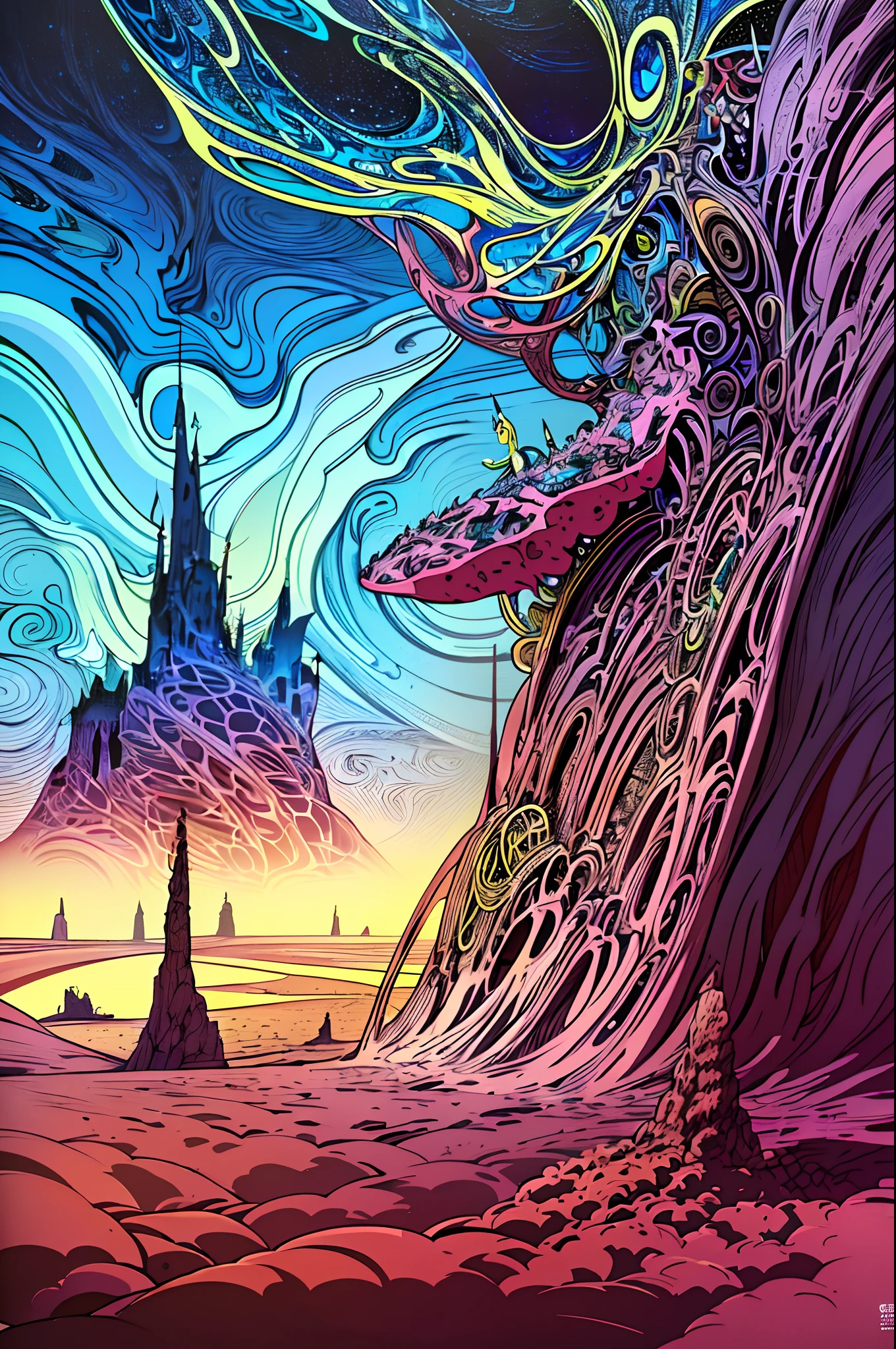 (best quality,4k,8k,highres,masterpiece:1.2),ultra-detailed,(realistic,photorealistic,photo-realistic:1.37),Moebius,Moebius style,Moebius,by Moebius,masterful display of Moebius style,ethereal otherworldly realm,intricate details,surreal landscapes,gritty atmosphere,cinematic composition,stylized contrast,comic book aesthetic,eerie ambiance,cybernetic elements,futuristic scenery,elaborate world-building,dreamlike journey,subtle color palette,mesmerizing lighting,mystical beings and creatures,organic architectural structures,lush vegetation and flora,floating islands and mountains,enchanted waterfalls and streams,cross-dimensional portals,mythical ruins and ancient artifacts,extraterrestrial wildlife,spiritual energy emanating from natural elements,astral skies,harmony between nature and technology,immersive and thought-provoking,rich narrative and storytelling,depicts a surreal fairy landscape with a sci-fi twist,invokes a sense of wonder and adventure.