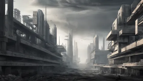 A dystopian futuristic metropolis with lots of brutalist architecture
