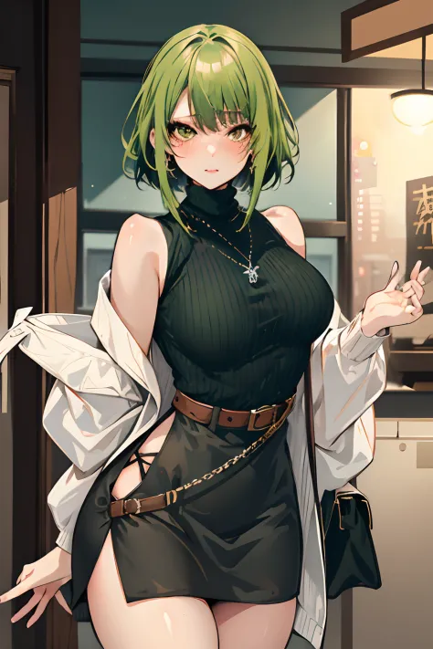 masutepiece, Best Quality, pixiv, Cowboy Shot, Green hair,
1girl in, large full breasts, blush, Sleeveless,Jewelry, Looking at Viewer, Skirt, Necklace, Solo, Bag, Sweaters, turtle neck, sleeveless turtleneck, Jacket, Sleeveless sweater, a miniskirt, Medium...