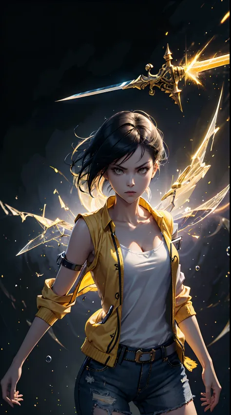 woman, fight pose, baddas stare,hold a yellow sword with a yellow lightning emblem, yellow short wispy pixie hair, yellow eyes, ...